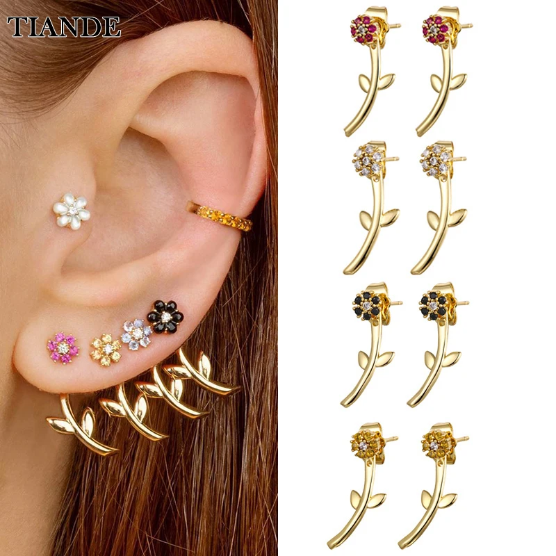 

TIANDE Silver Color Gold Plated Stud Earrings for Women Colour Zircon Flowers Piercing Huggie Earrings 2022 Jewelry Wholesale