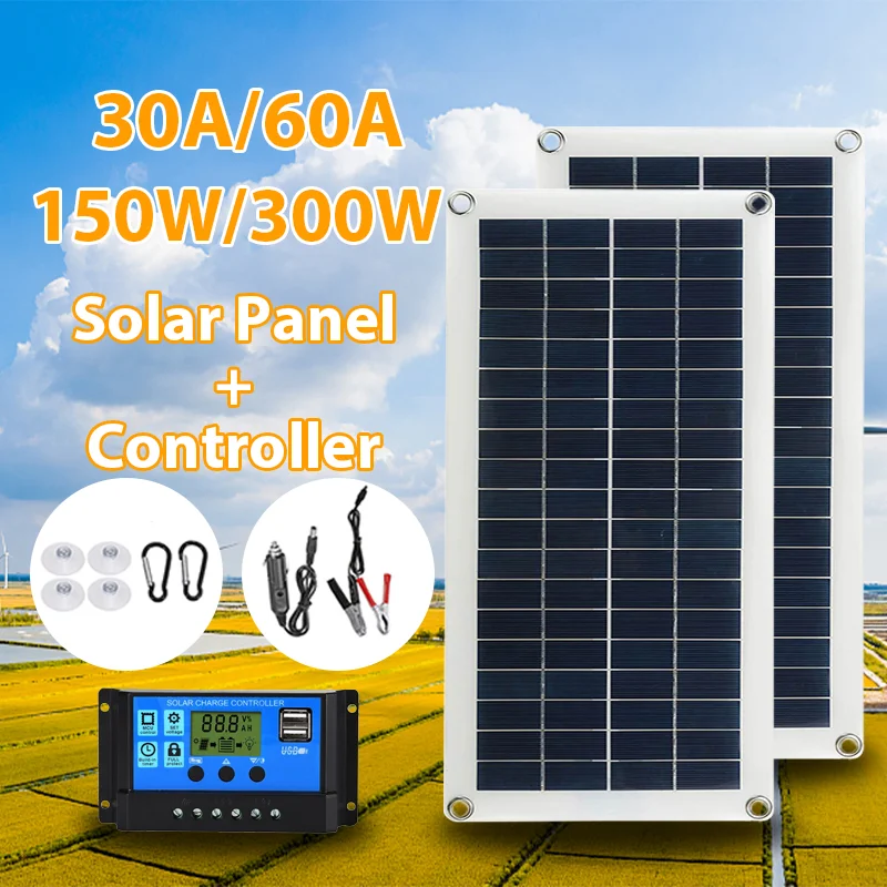 

Outdoor Flexible Solar Panel 12V with 30A 60A Controller 2 USB Port Power Bank for Phone RV Car Safe Charge Battery 150W/300W