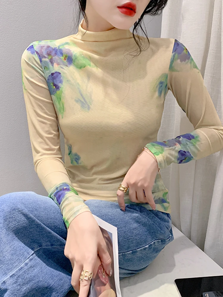 Элегантный возрастной топ с принтом женская весенне-осенняя новая сетчатая