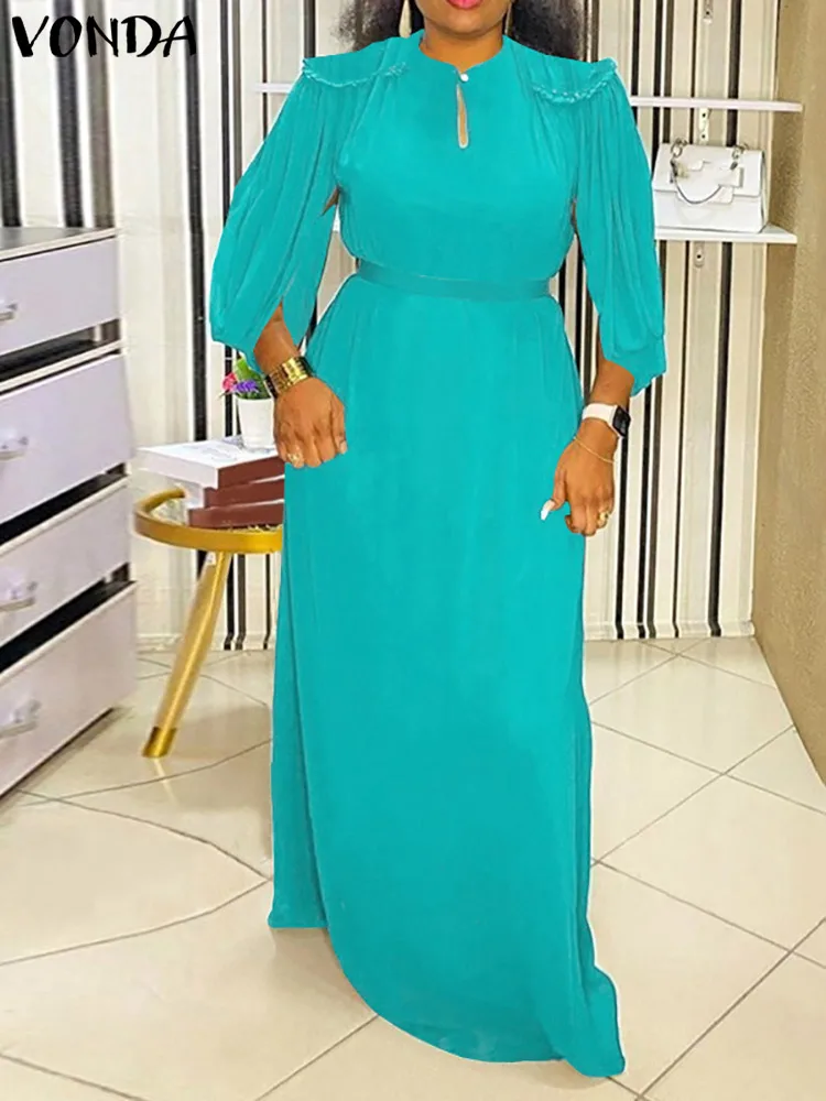 

VONDA 2022 Stylish Women Casual Maxi Dresses 3/4 Sleeve Evening Party Sundress Holiday Pleated Robe Hollow Out Bohemian Vestidos
