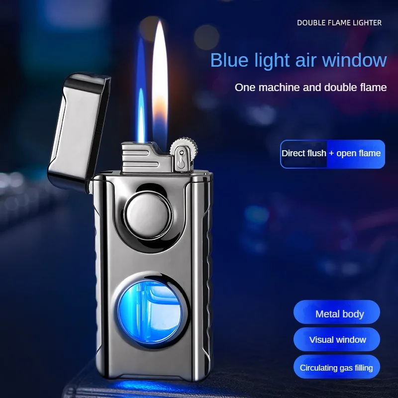 

New Double Fire Direct Charge Bright Fire Switch Lighter at Will-Creative See-through Transom with Blue Light Inflatable