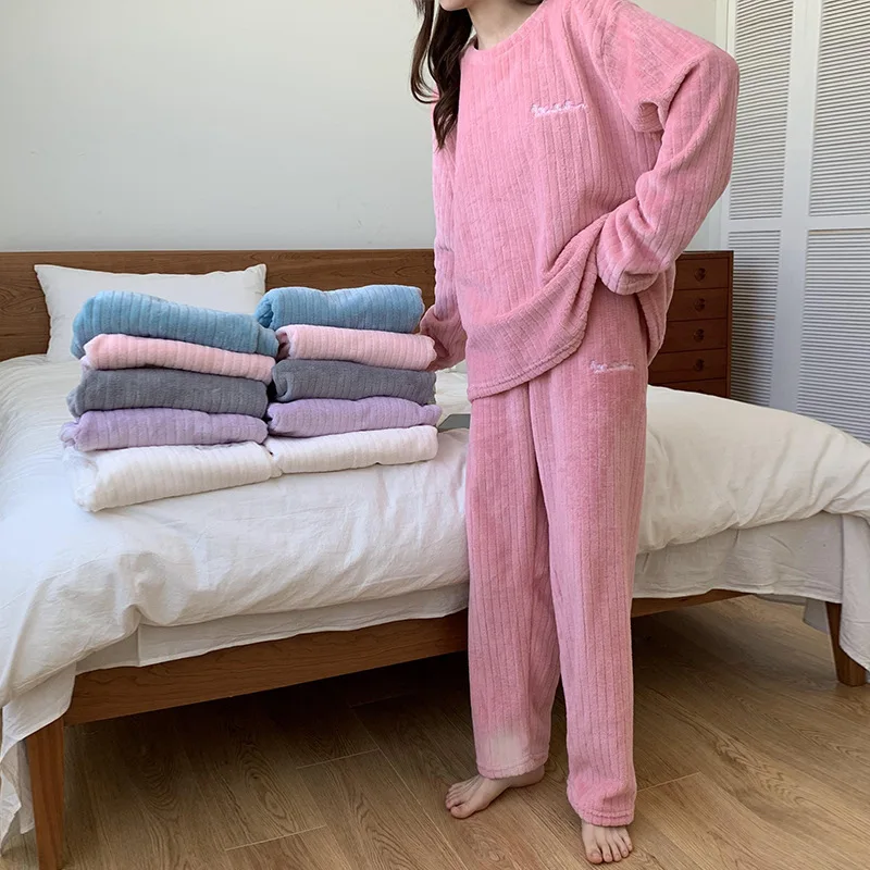 Solid Color Ladies Pajama Sets Thicken Autumn And Winter Keep Warm Nightgown Comfortable Soft Sleepwear Suit Simple Style