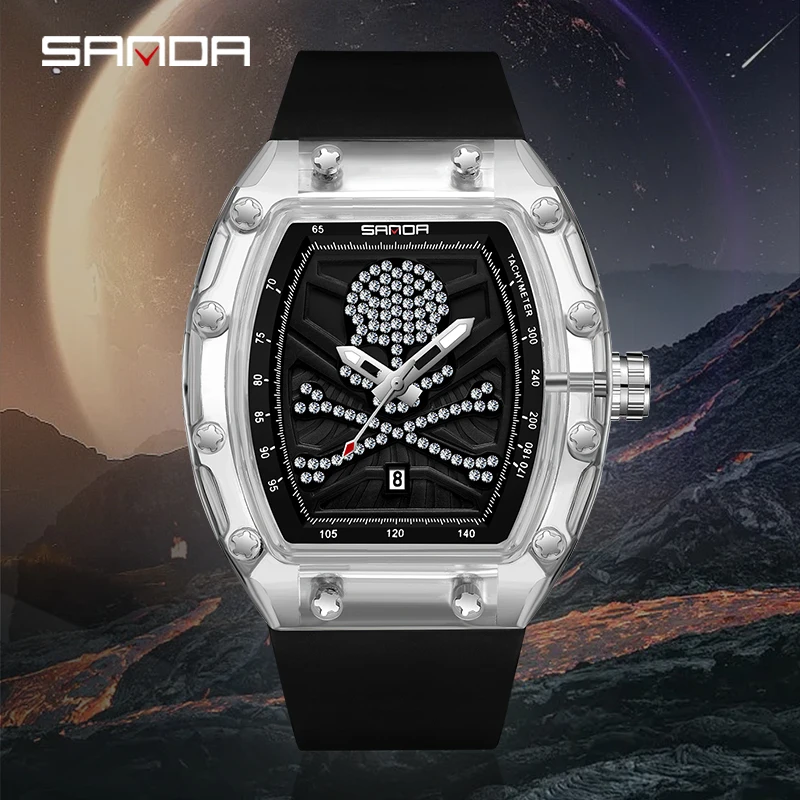 

2023 SANDA New 7051 Hot Selling Men's Quartz Watch Fashion Trend Cool Brick Embedding Skeleton Head Wristwatch