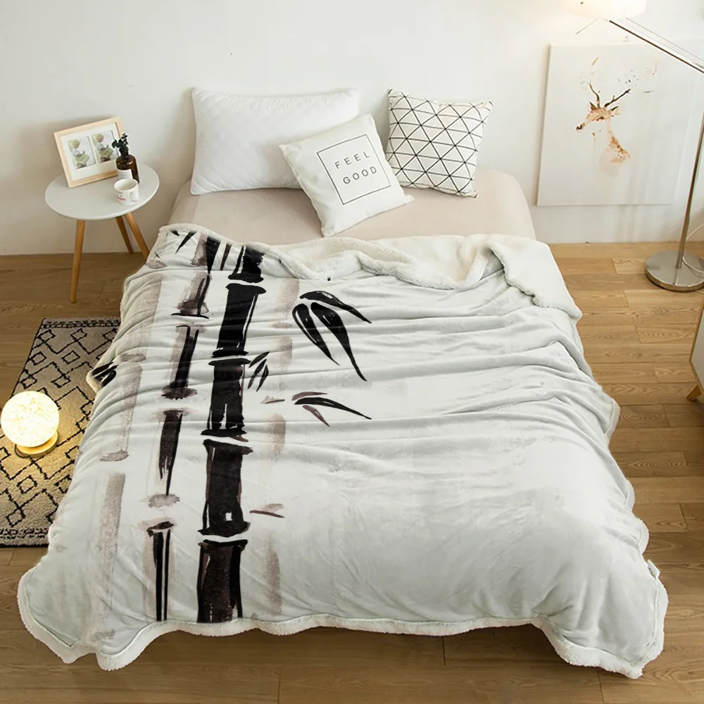 

Ink Painting Bamboo Black And White Lamb Cashmere Fleece Blanket Home Bed Sofa Winter Sherpa Bedding Kids Thick Bedspread