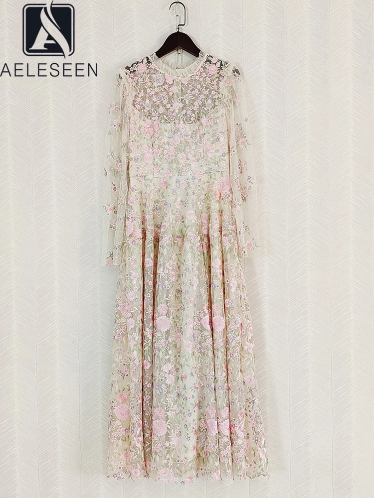 

AELESEEN роскошное розовое платье для женщин, дизайнерское, модное, рукав-фонарик, оборки, сетка, Цветочная вышивка, Элегантное макси Вечерние