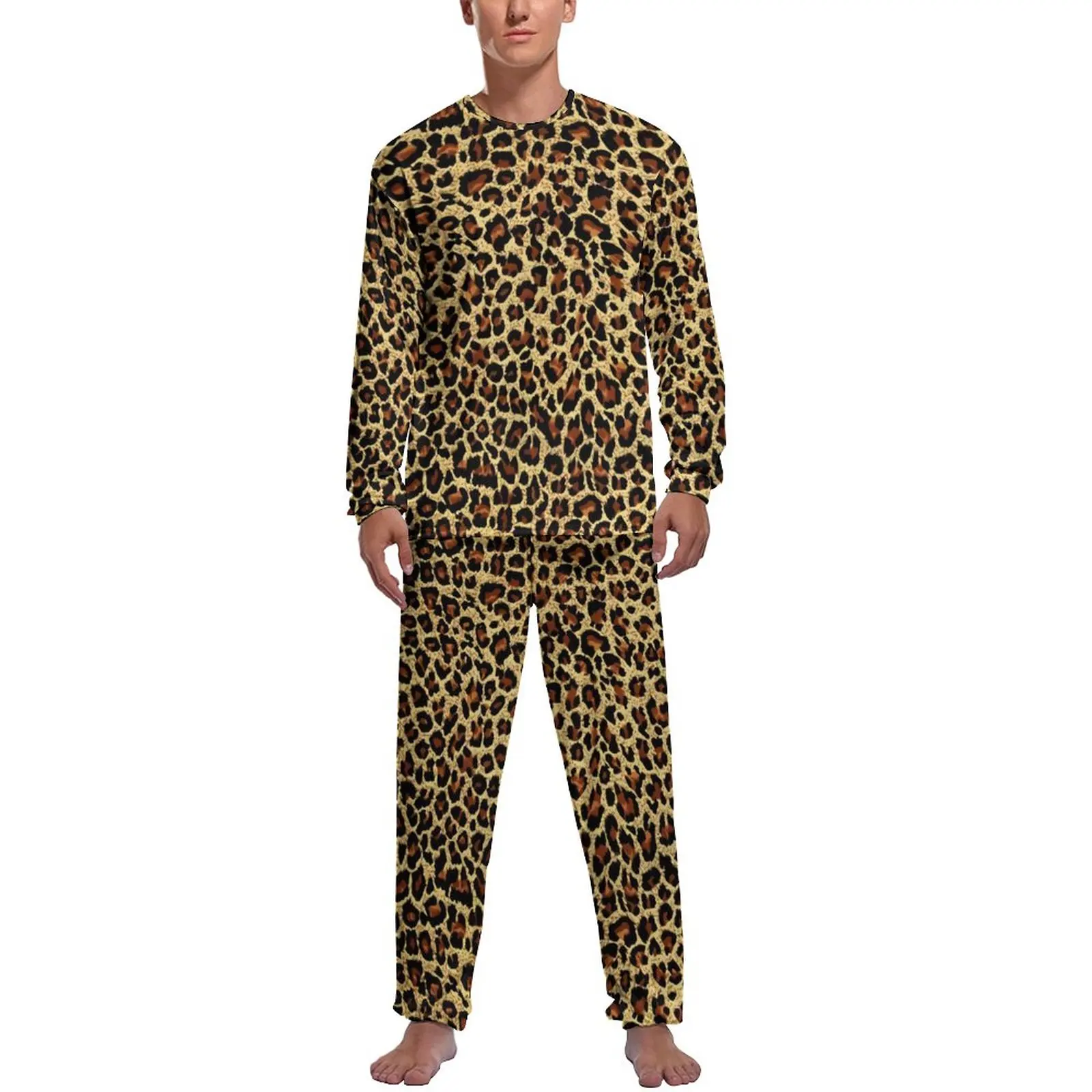 Classic Leopard Pajamas Retro Animal Print Male Long Sleeves Retro Pajama Sets 2 Pieces Home Daily Pattern Sleepwear Gift Idea