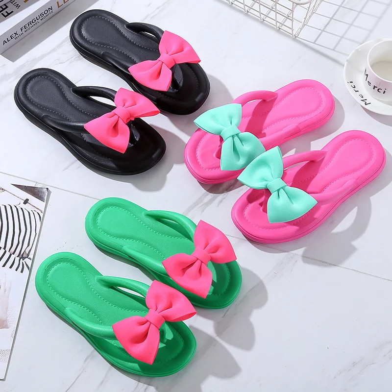 

Summer Slippers Women Bow Beach Slides Thicken Sandals Flat Home Shoes Flip-flop Fashion Casual Sweet Girl Platform Footwear