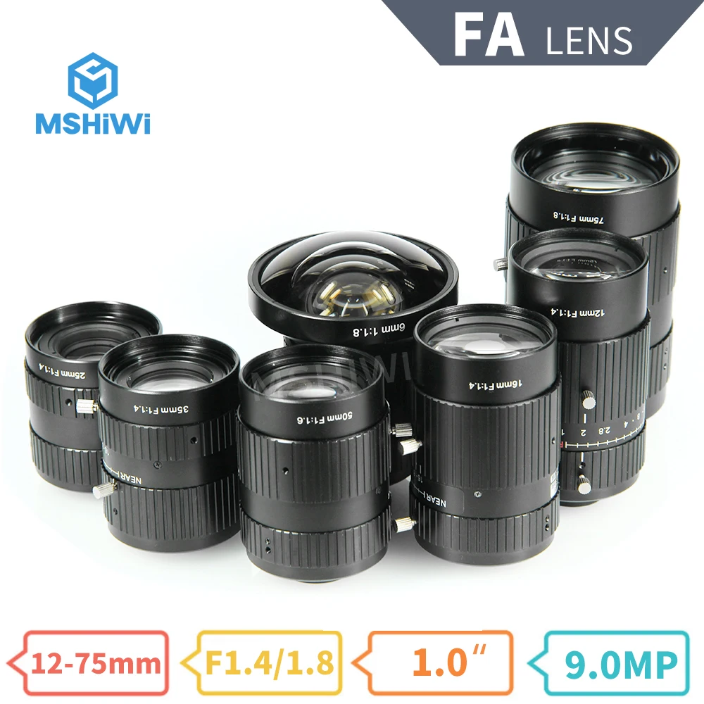 

HD FA Lens 9MP C-mount 12/16/75mm Focal Length Manual iris Machine Vision Lens 1″ F1.4/1.8 , Manual Focus Industrial Camera Lens