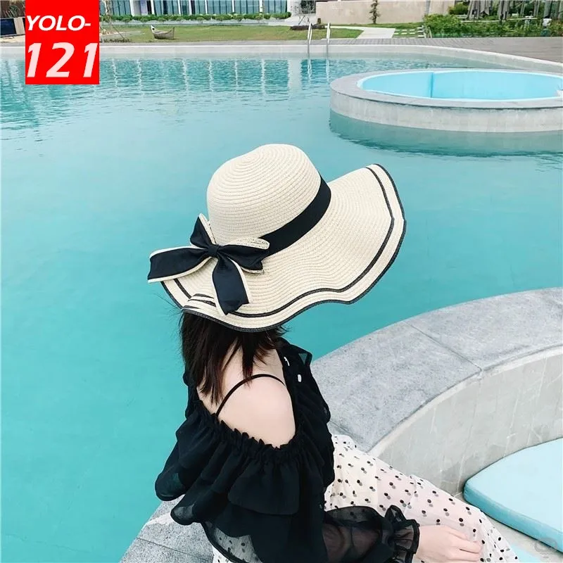 

Beach Hat Women Summer Sun Protection Hat Travel Cover Face Wild Sun Hat Fashion Fungus Brim Straw Hat Bow Decorative Straw Hat