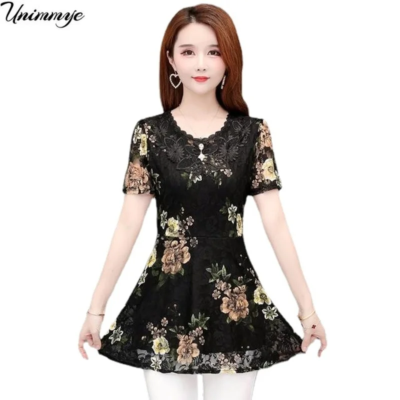 

Blouse Women Summer Short Sleeve Lace Blouses O-neck Loose Casual Oversize Shirts Plus Size L-5XL Tops Printing Femme Blusas