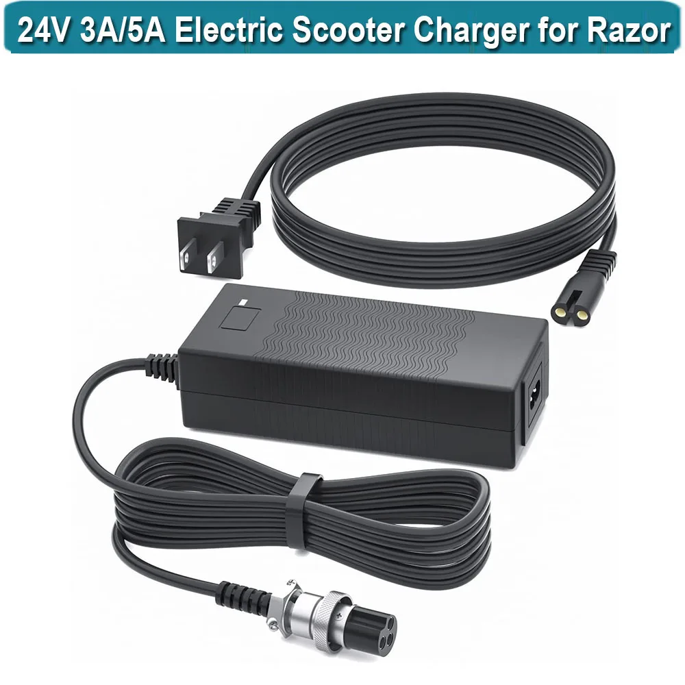 24V 5A Scooter Battery Charger 3 Prong Power For Razor E200S E175 E300S E150 E500 PR200 E325S  MX400 Pocket Sports Mod Dirt Quad