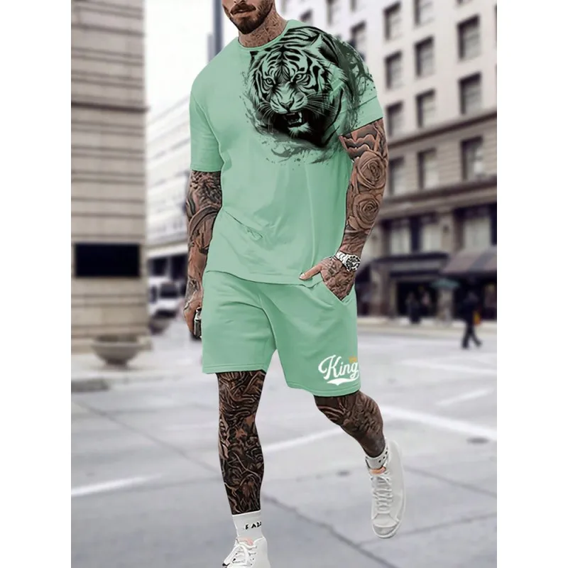2024 New Summer Casual Fashion Men's T-shirt Shorts Set Tiger Pattern 3d Printed Clothing Short Sleeves And Suit