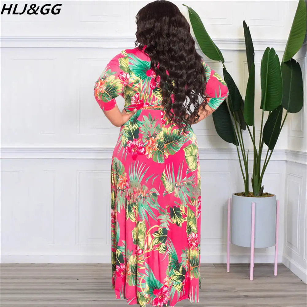 HLJ&GG Women Plus Size Maxi Dresses Sexy Deep V Floral Printed Long Sleeve Belt Dresses Casual A-line Slim Vestidos Clothes 2022