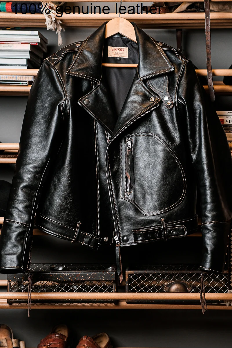 

grain High imported Luxury Full tea core calfskin jacket.Classic motor rider Genuine leather coat.Brand quality