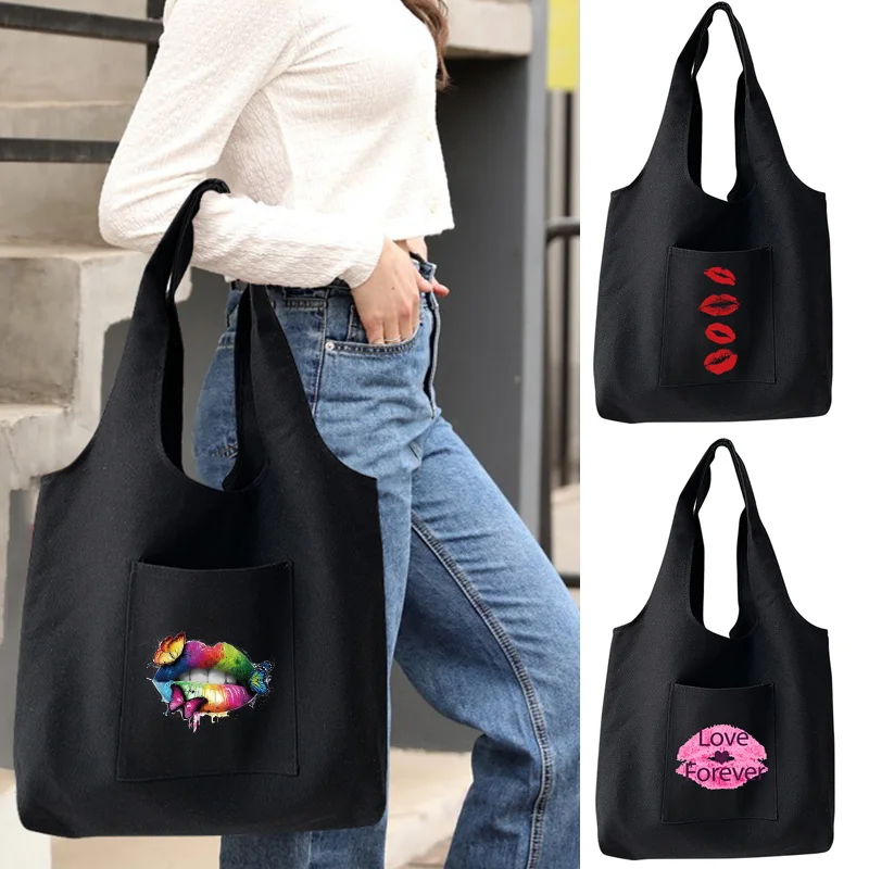 

Women's Shoulder Bags Commuter Vest Bag Mouth Print Eco-friendly Large Capacity Shopping Handbags Ladies Casual Canvas Tote Bag