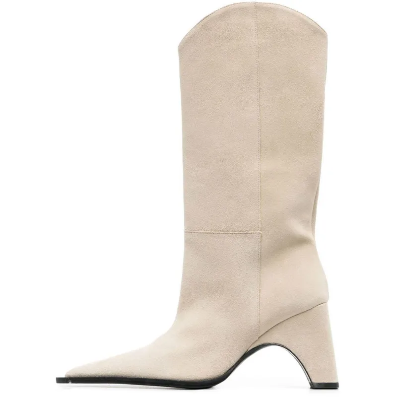 2023 New Women's Pointed Fashion Calf Boots Fashion Thick High Heel Sleeve Mid Sleeve Boots Winter 43 Large Women's Boots