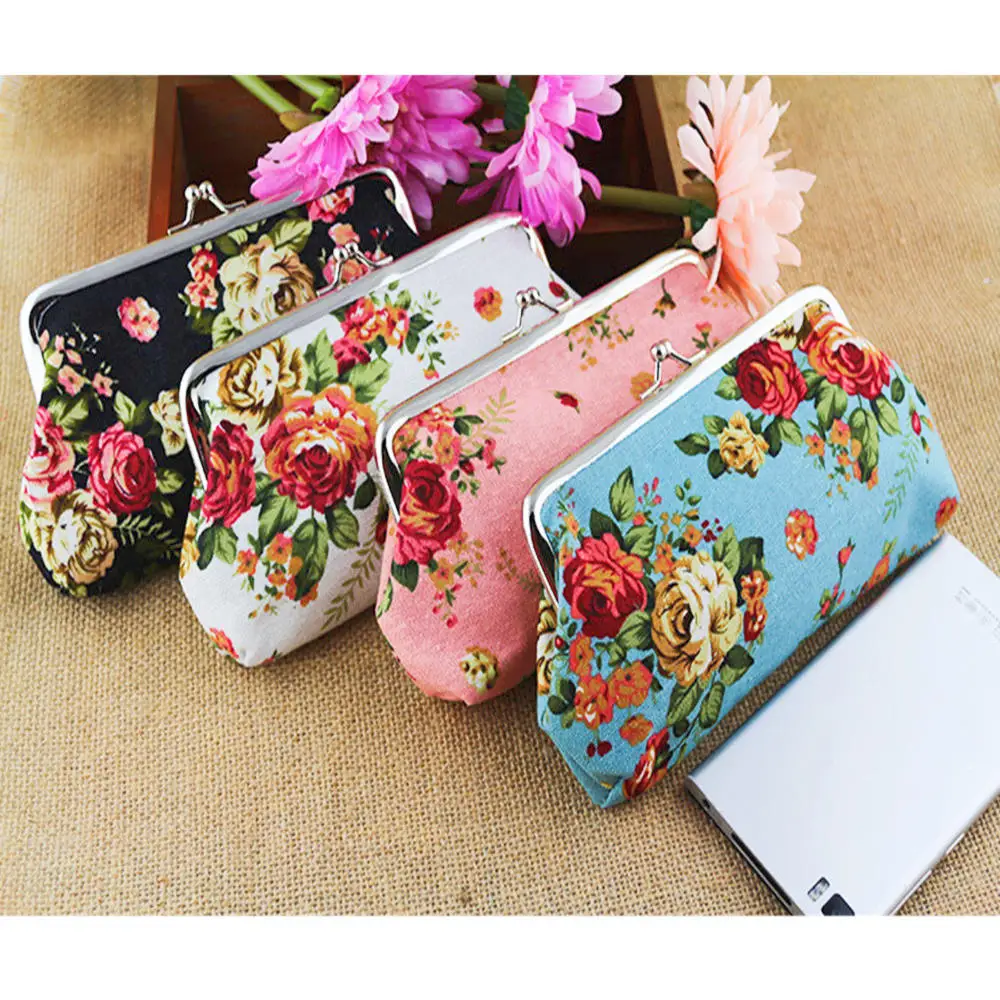 

Canvas Coin Purses for Women Money Cards Phone Lipstick Earphone Key Organizer Buckle Retro Long Rose Printed Wallet Handbag