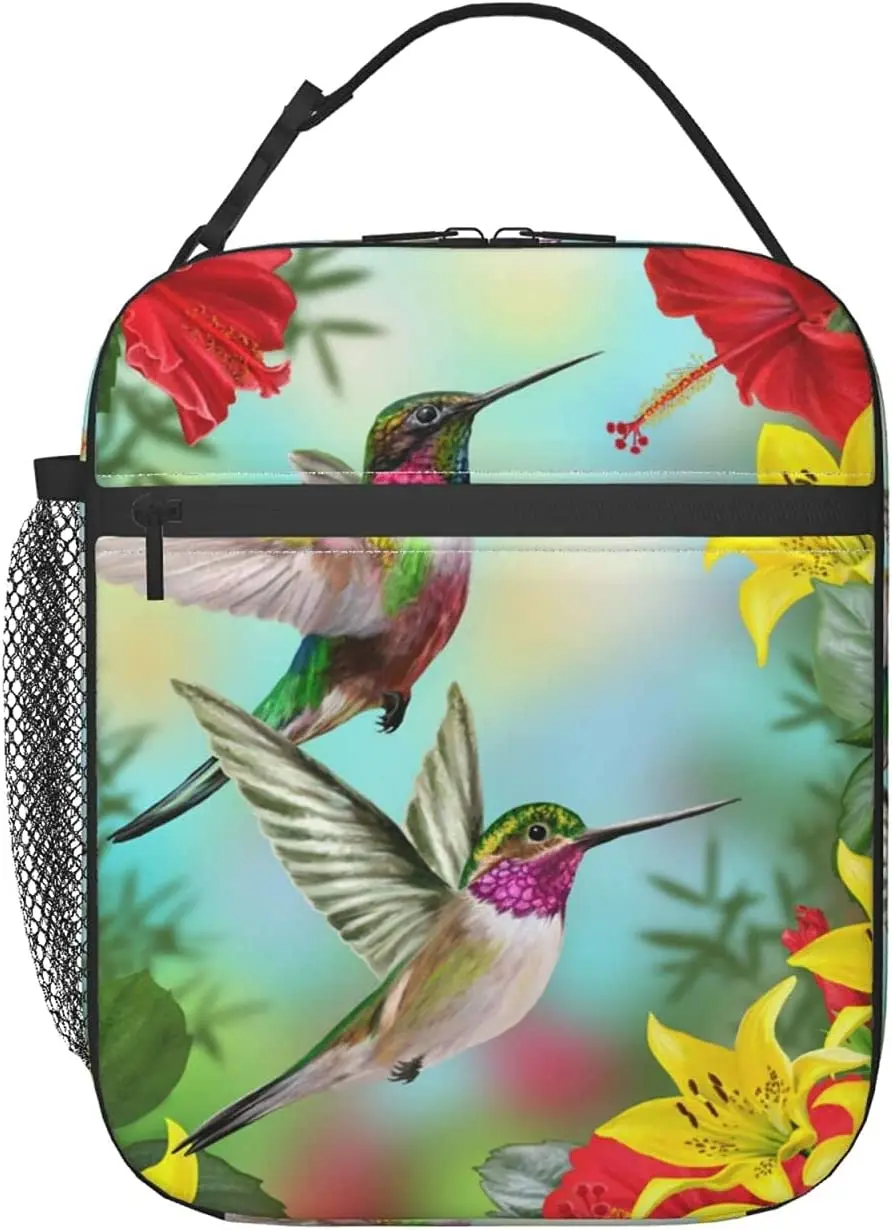 

Beautiful Birds Hummingbirds Insulated Lunch Bag Lunch Box for Women Boys Girls Reusable Thermal Tote Bag for Work School Picnic