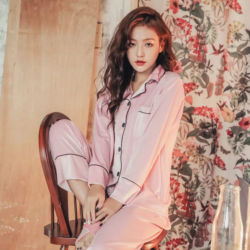 Women's Pajamas Set 2023 Spring Autumn New Long Sleeve Thin Gold Velvet Pijama Suit Korean Elegant Sexy Sleepwear Loungewear