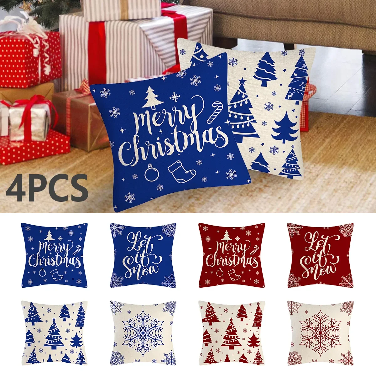 

Car Home Decor 4pcs Soft Square Decorative Christmas Tree Cushion Covers Waist Pillowcase Snow Pillow Cover with Invisible Zippe