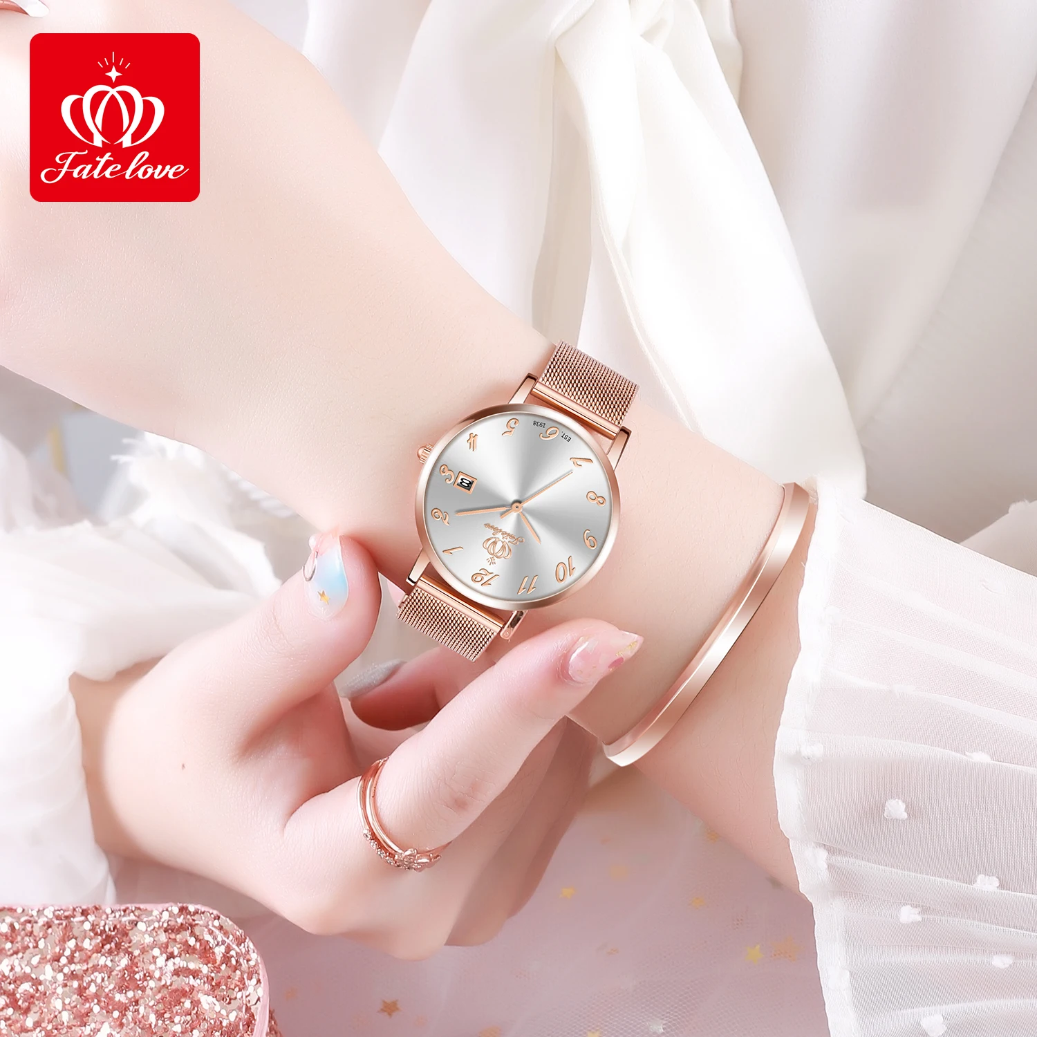 Fate Love Original Certified Brand Women's watches Fashion Luxury Stainless Steel Quartz Watch Waterproof Calendar Wristwatch