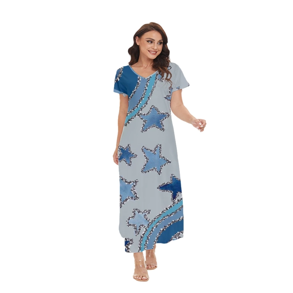 

Женское длинное платье с асимметричным подолом и коротким рукавом