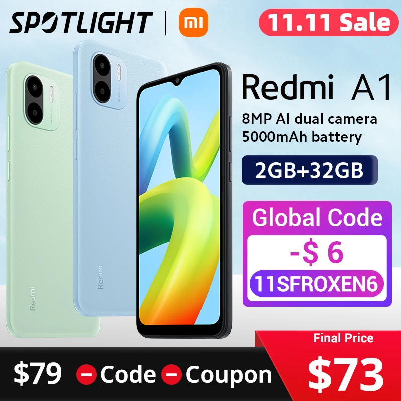 Cena [Światowa Premiera] Globalna Wersja Xiaomi Redmi A1 Smartphone 2GB RAM 32GB ROM MTK Helio A22 8MP Aparat Telefon Komórkowy 5000mAh Bateria