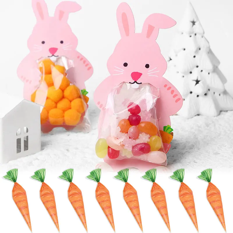 

Easter Decor Rabbit Candy Bag With Greeting Cards Bunny Carrot Candy Bag Cones Transprant Plastic Bag Kids Birthday Party Decor