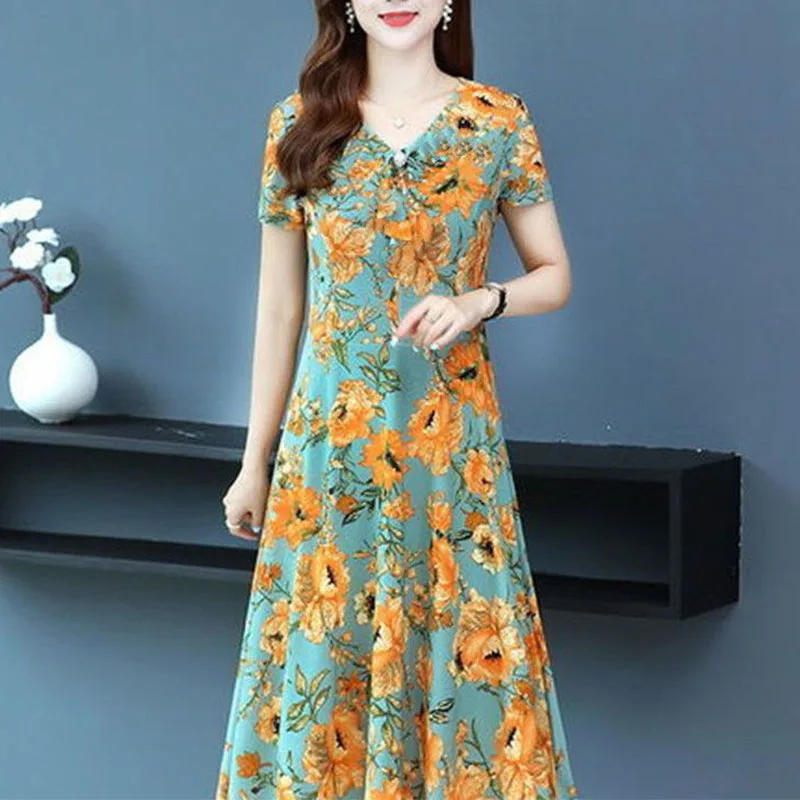 

Summer Women Elegant Midi Floral Dress Big Size V-Neck Short Sleeve Fashion Casual Female Clothing Hem Waist Up A-line Robe 2023