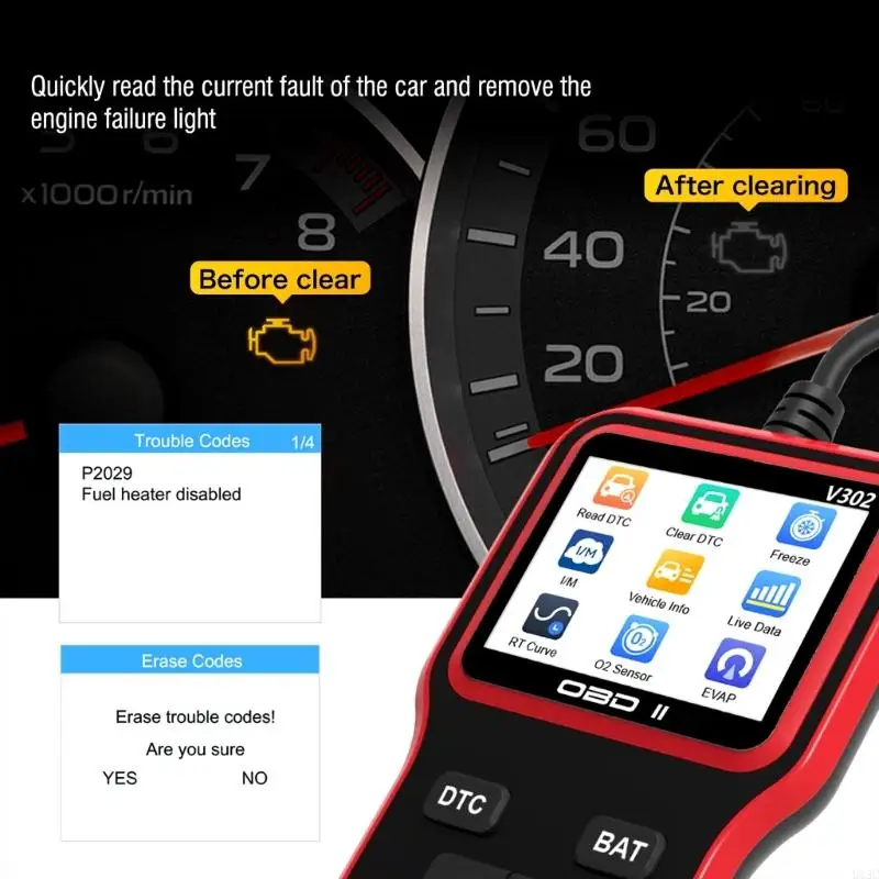 U13C Эффективный V302 OBD2 сканер для стирания кода неисправности диагностики света