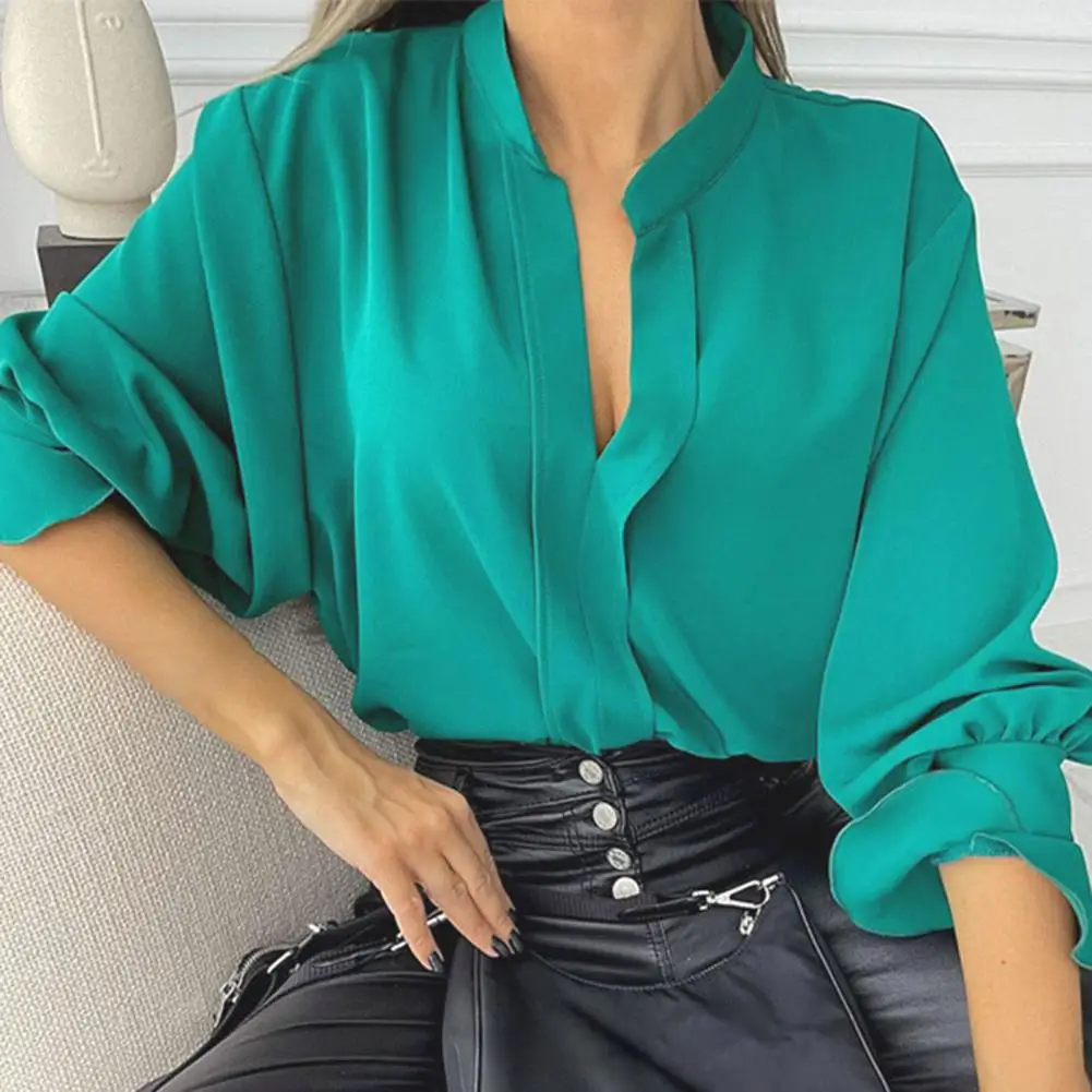 

Women Shirt Solid Color Long Sleeve Autumn Shirt V-Neck Stand Collar Petal Cuffs Blusas Mujer De Moda Blouses Roupas Femininas