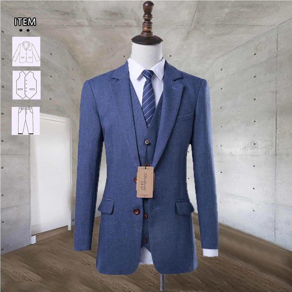 Новое поступление шерстяной Блейзер в елочку Синие Свадебные костюмы для мужчин 2021 индивидуальный пошив комплект из 3 предметов мужская одежда куртка + жилет + брюки