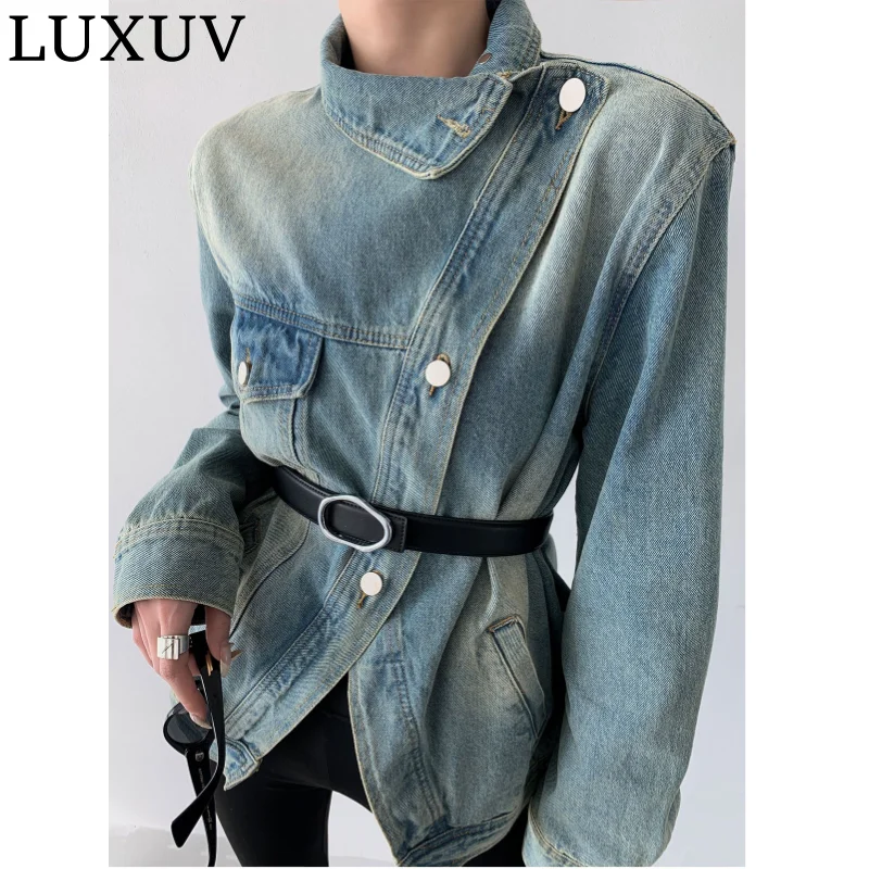 LUXUV Blue Short Sequin Pocket Denim Jacket Women's Casual Y2K Spring Autumn Loose Fashion Jeans Women Long Sleeve Coat