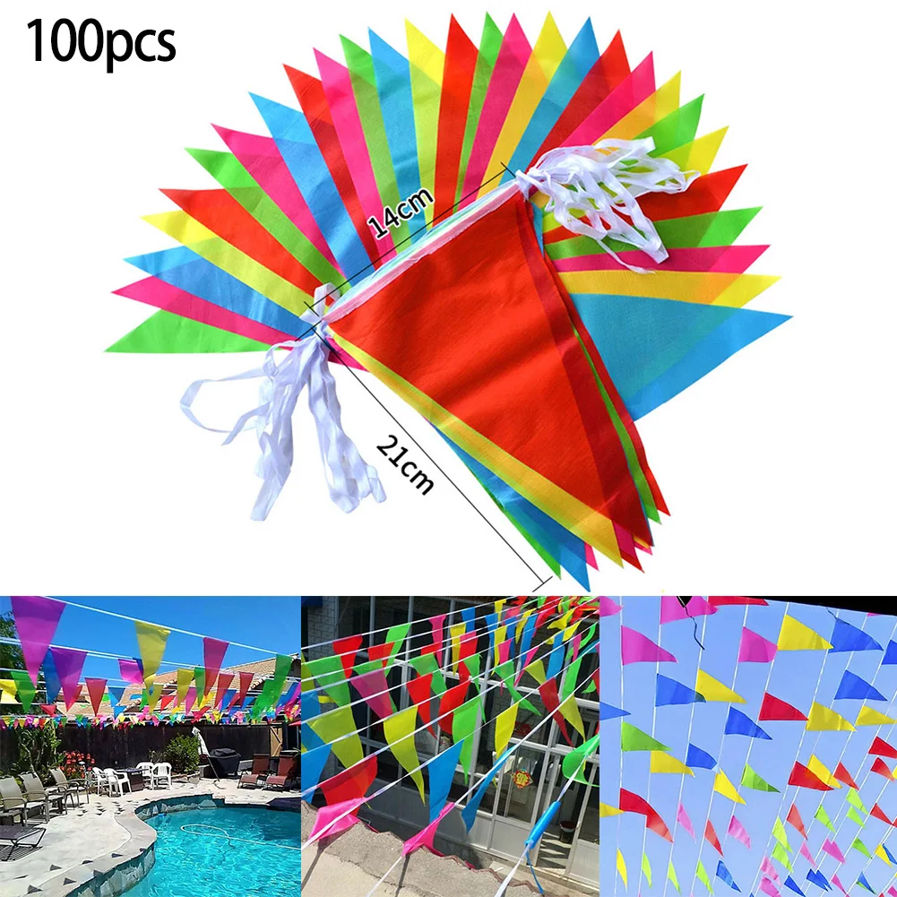 

50M Multicolored Triangle Flags Bunting Banner Pennant Festival Docor Outdoor Street Wedding Party Holiday Decoration 14x21CM