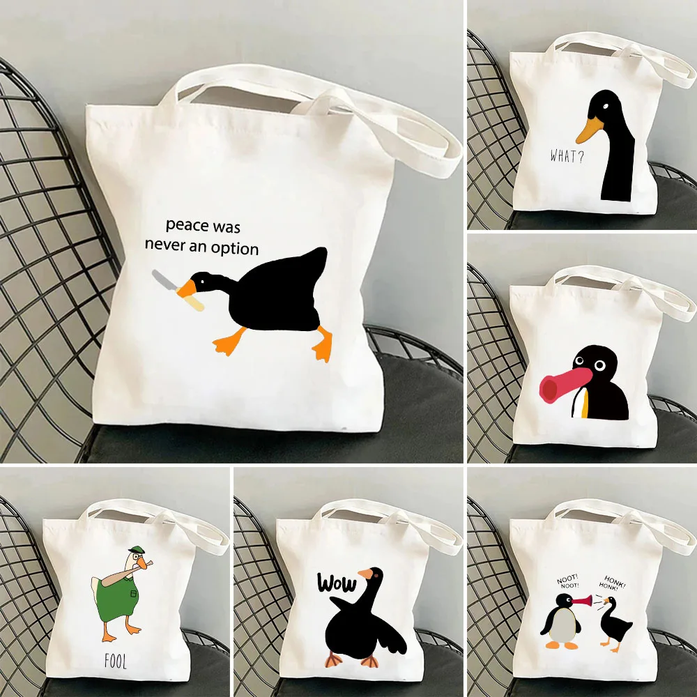 

Funny Honk Untitled Goose Game Cute Cartoon Frog Pingu Duck Women Girl Canvas Shoulder Shopping Book Cotton Handbag Eco Tote Bag