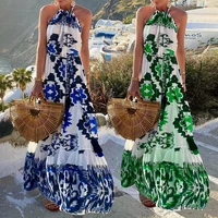ladies fashion boho long dress sleeveless halter foral maxi dress a line print women pullover robe 2022 summer beach style