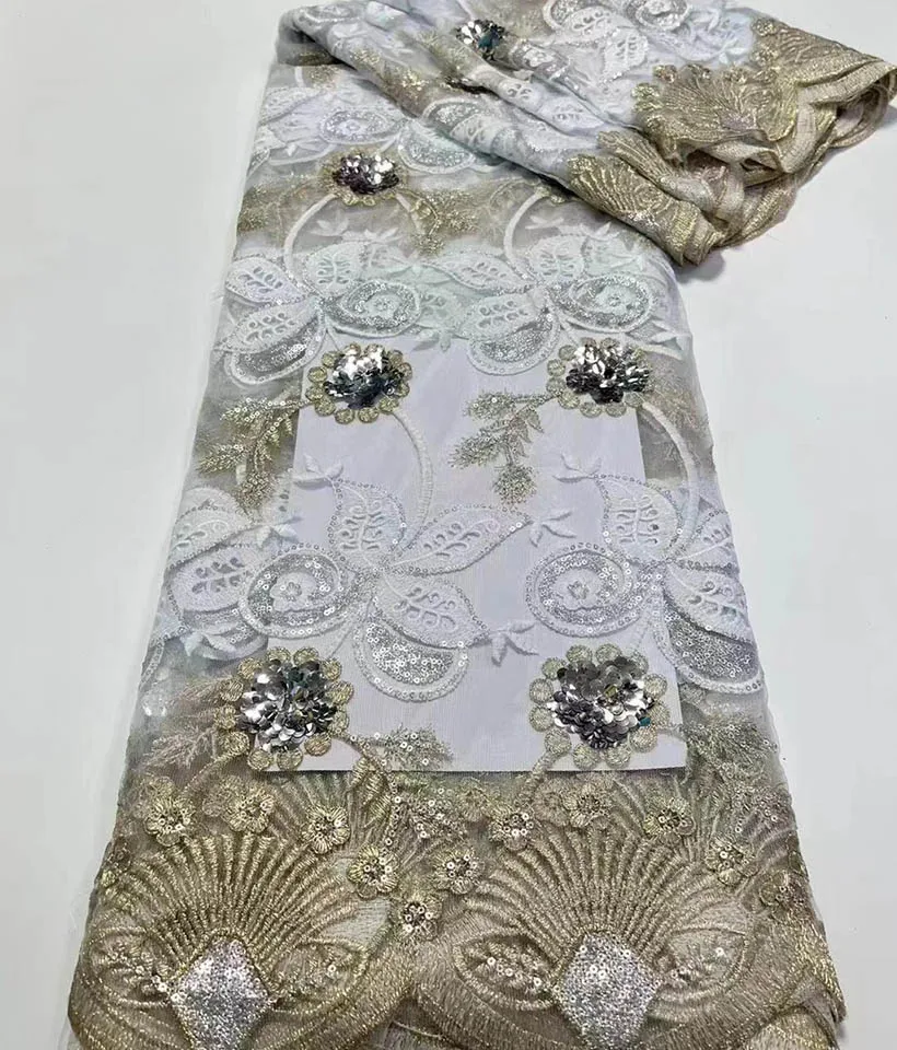 

7 Colors Evening Dress Sequins Lace Fabric Tailor Crafts For Cloth Latest Designer African Mesh Net Lace Fabric By The Five Yard