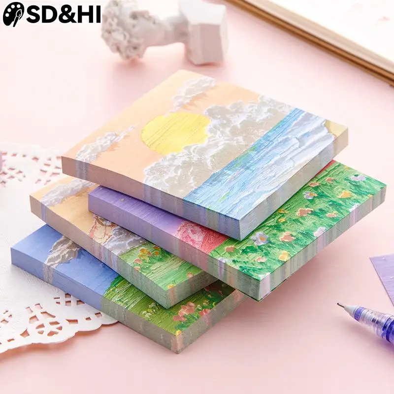 

80sheets Oil Painting Landscape Writing Paper Sticky Memo Pad Message Notes Decorative Notepad PaperStationery Office Supplies