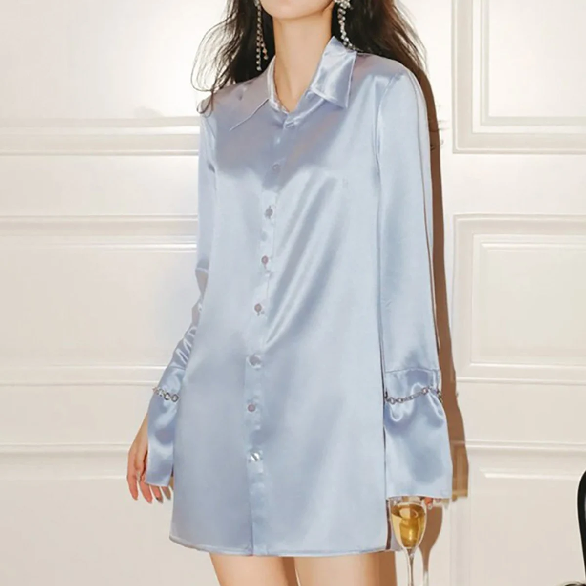 

Pirate Curiosity Fashion Blue Long Cardigan Skirt Lapel Flared Sleeve Backless Casual Blouses Chain Decoration Spring Women Tops