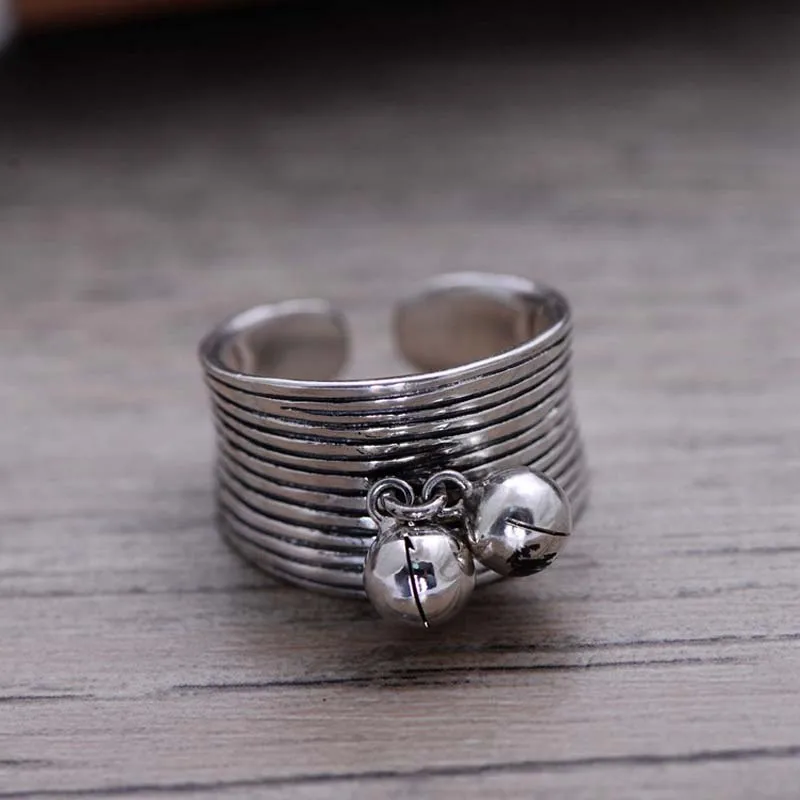 

Real S925 Sterling Silver Vintage Thai Silver Bell Woven Open Ring For Women MeiBaPJ Exquisite Party Gift Jewelry