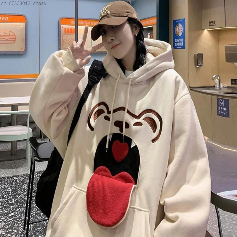 

Y2k Cartoon Printed Women Man Hooded 2023 New Funny Zipper Pocket Couple Sweatshirt Korean Style Fashion Cute Student Thick Tops