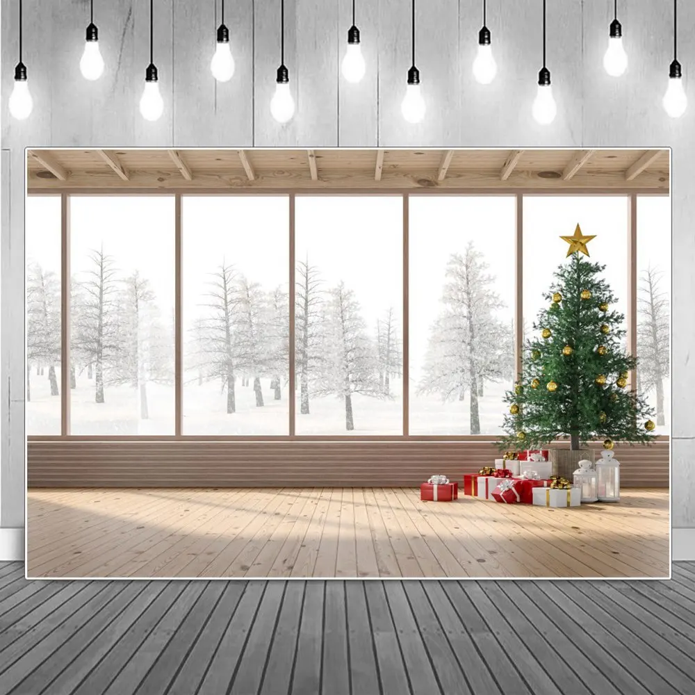 

French Window Christmas Snow Tree Forest Photography Backdrop Wooden Hall Golden Stars Gifts Bells Party Home Photo Backgrounds