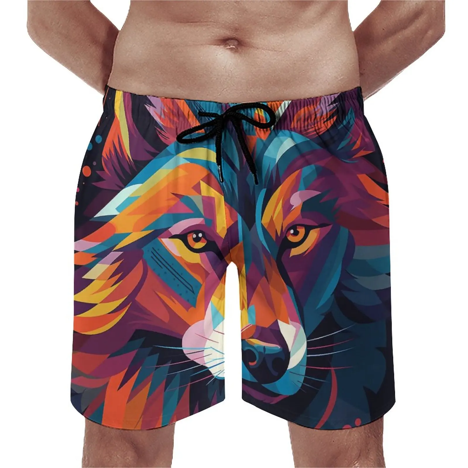 

Wolf Gym Shorts Summer Abstraction Illustration Surfing Board Short Pants Men Quick Dry Retro Custom Plus Size Swimming Trunks