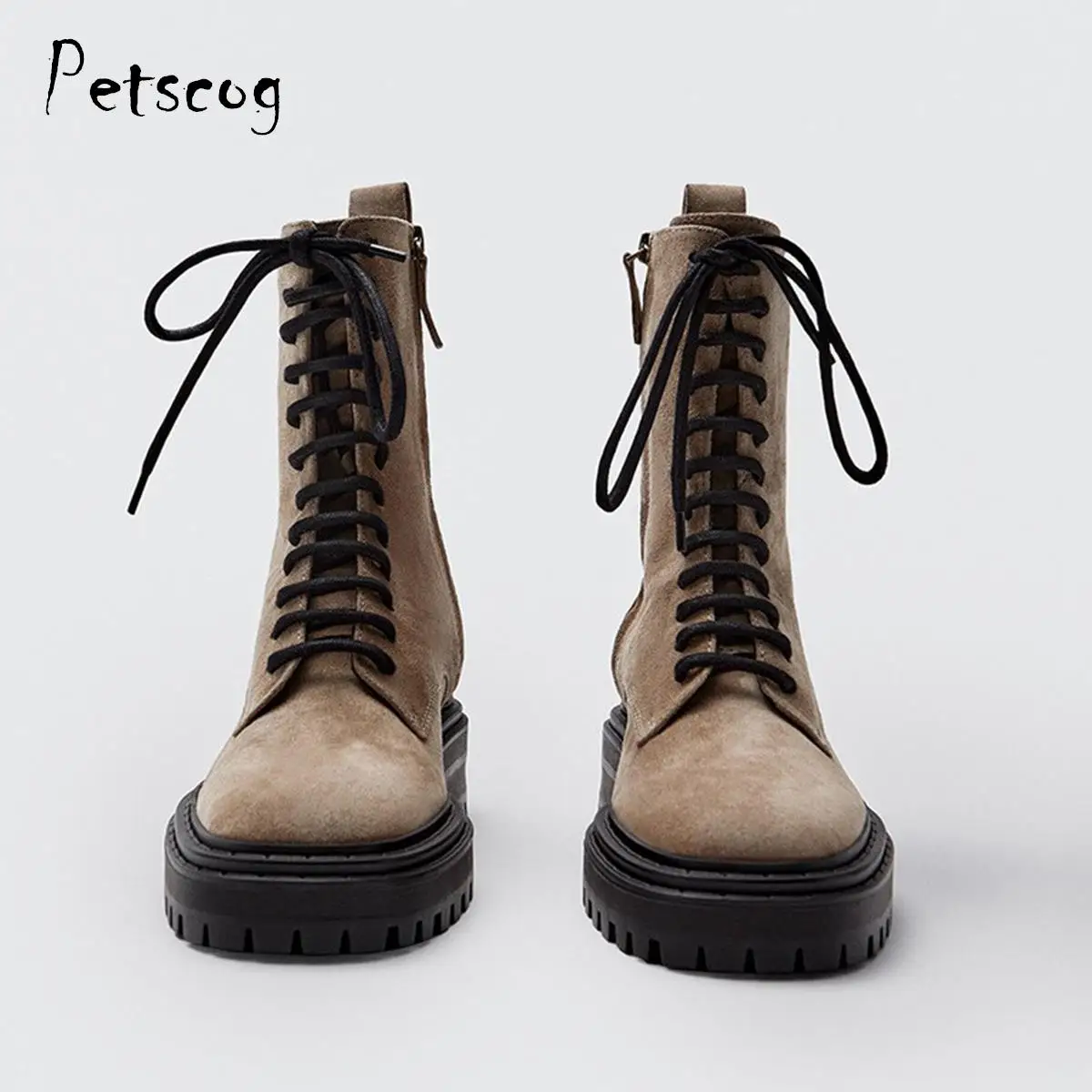 

Petscog Genuine Leather Motorcycle Martin Boots Platform Women 2022 Autumn Winter Retro Surde Boots Shoes Female Botas Mujer