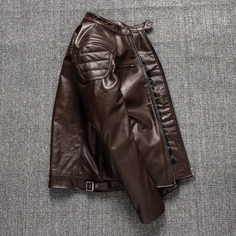 Мужская байкерская куртка из 100% натуральной овечьей шкуры коричневая