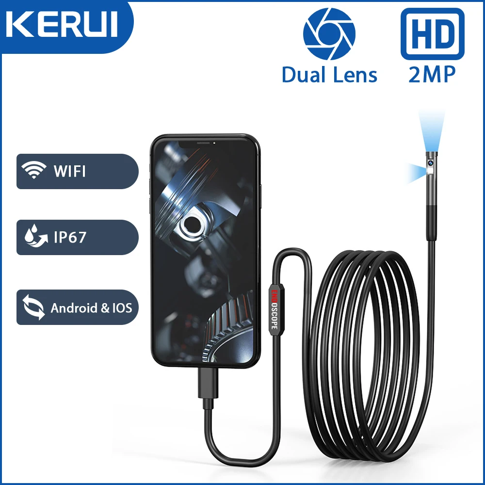 KERUI 2-мегапиксельная камера эндоскопа с двумя объективами, WiFi, 7,9 мм, мини-камера, водонепроницаемая, жесткий провод, трубопроводный осмотр, бороскоп для Type C IOS - купить по выгодной цене