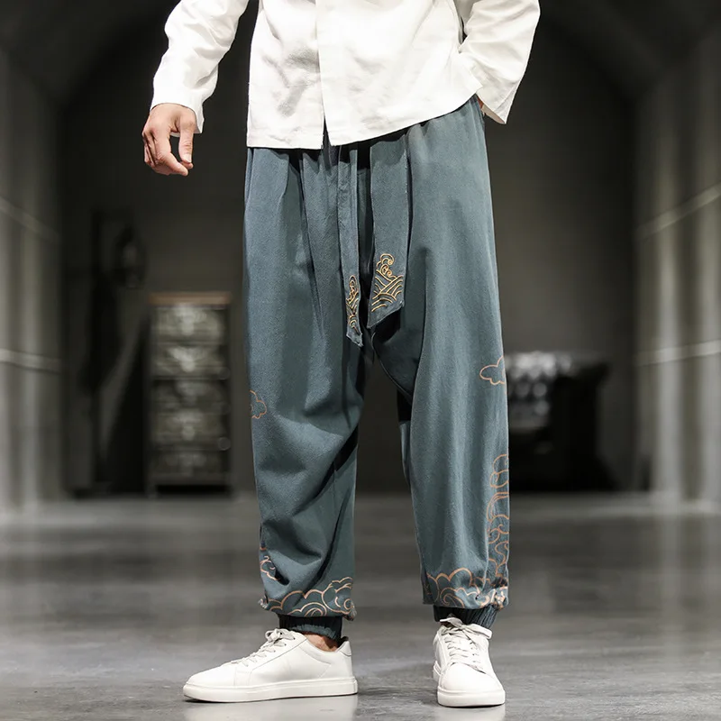 Men Casual Sleep Bloomers Chinese Style Cotton Home Pants Spring Autumn Print New Hanfu Trousers Pajamas Pant Oversize 5XL