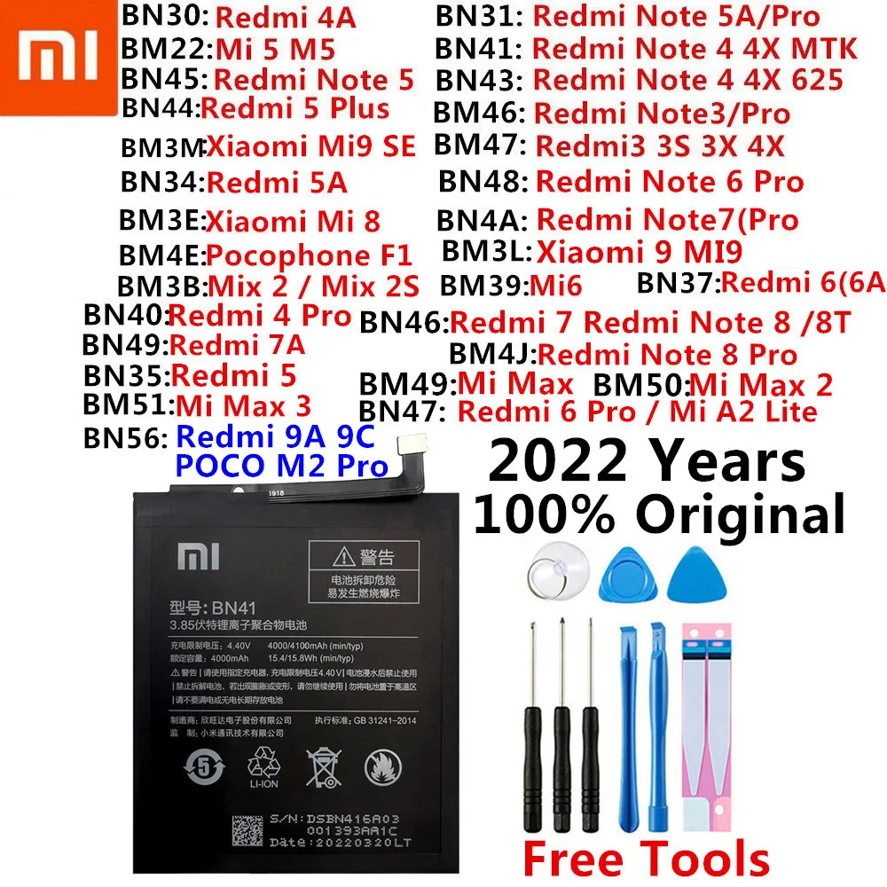 

Оригинальный аккумулятор Xiaomi Mi Redmi Note Max Mix 2 A2 3 3S 3X 4 4X 4A 5 5A 5S 5X M5 6 6A 7 7A 8 8T 9 Mi9 SE Pro Plus Lite