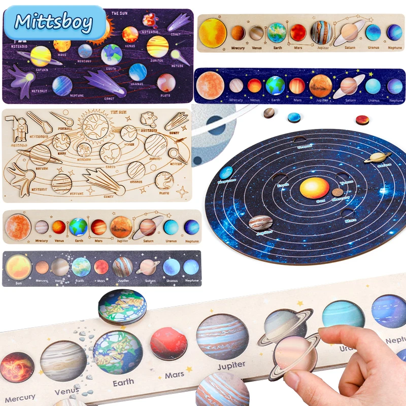 Baby Wooden Montessori Teaching Aids Science Cognition Jigsaw Puzzle Universe Solar System Eight Planet Matching Educational Toy