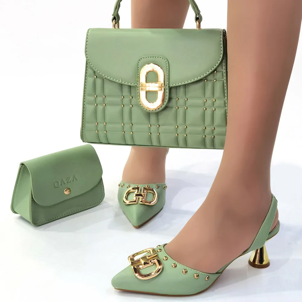 Mature New Green Simple And Comfortable Streamlined Pointed Shoes Fashionable And Versatile Party Ladies Shoes And Bag Set